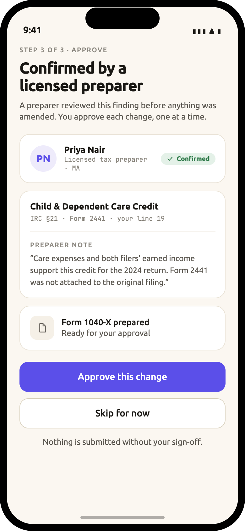HabTax app screen: a finding confirmed by a licensed preparer, with Form 1040-X ready for approval