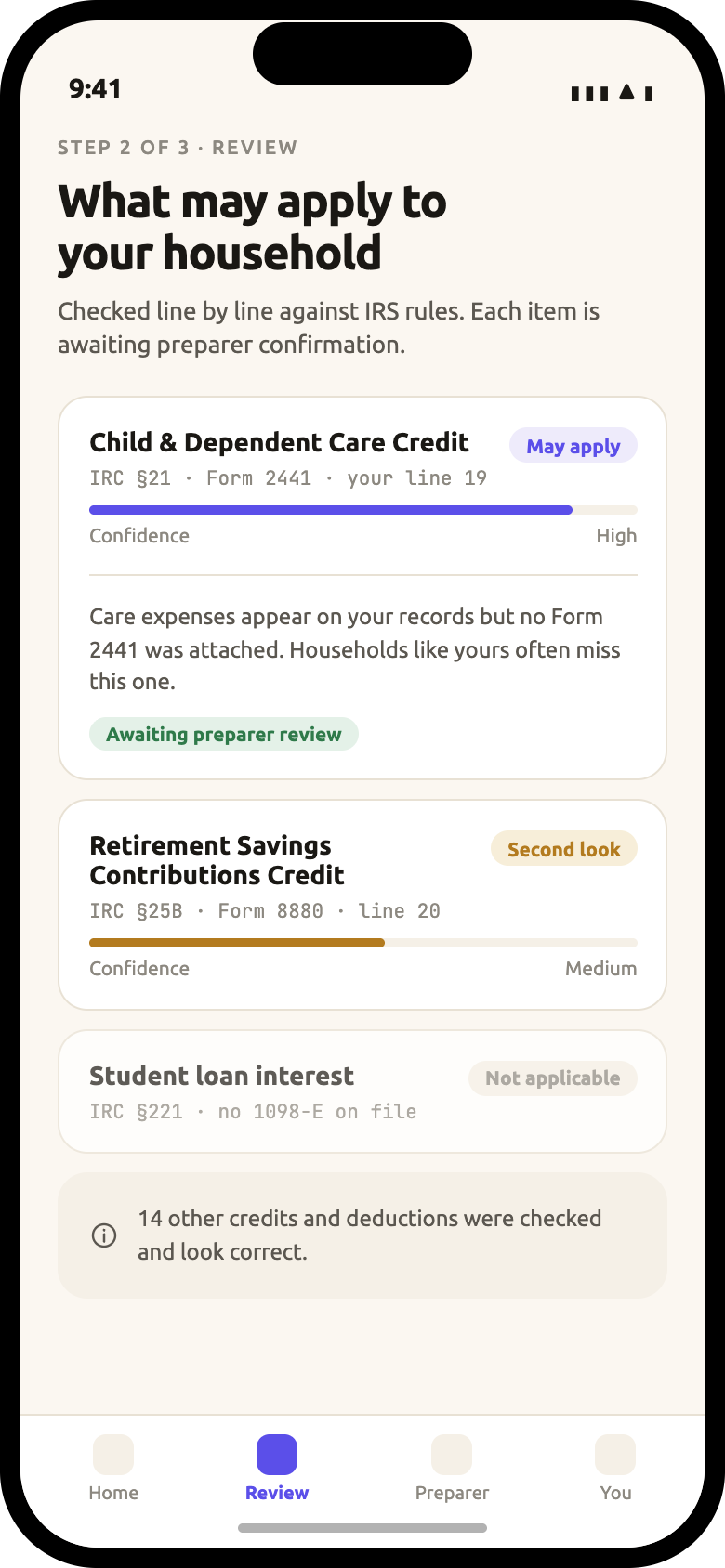 HabTax app screen showing findings that may apply, each with an IRS rule citation and a confidence level
