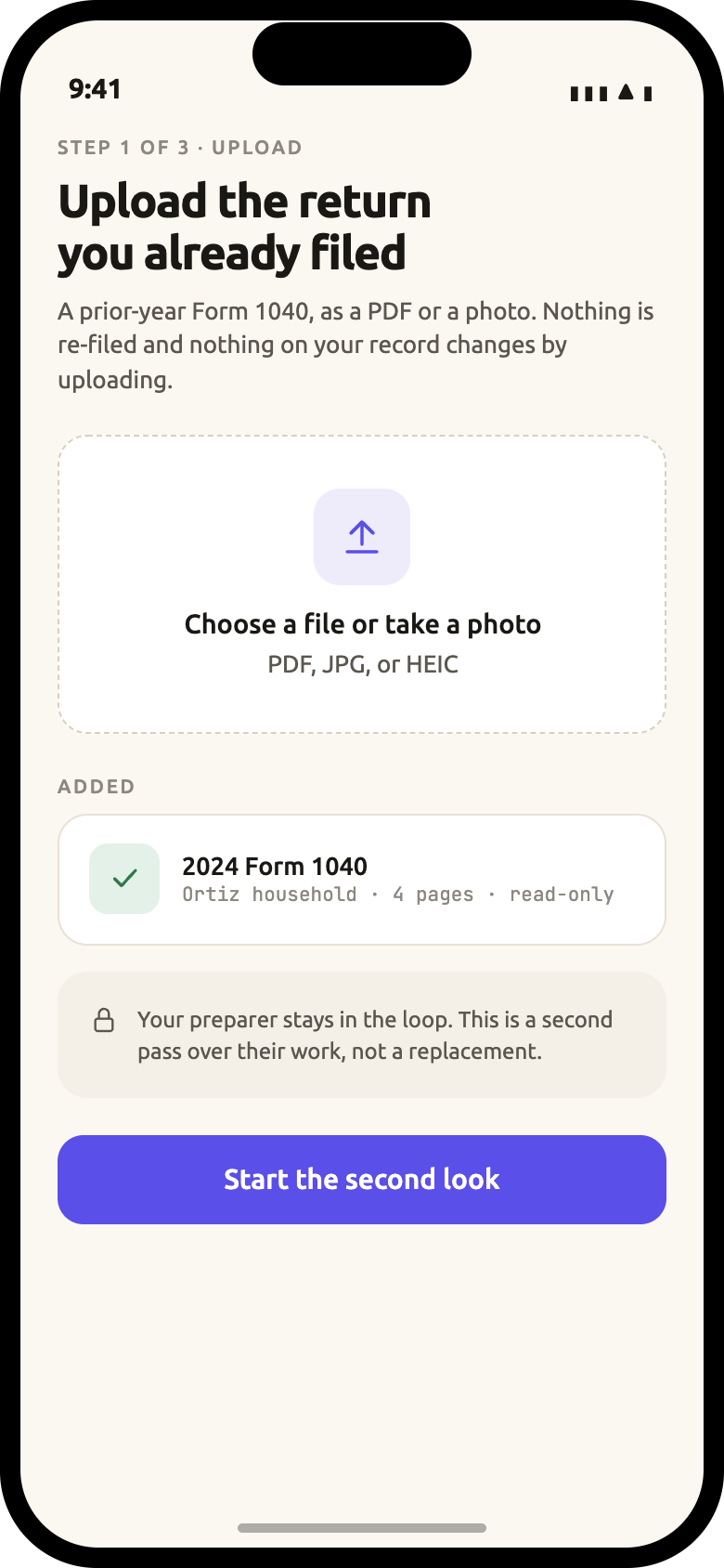 HabTax app screen: uploading a prior-year Form 1040 for a second look